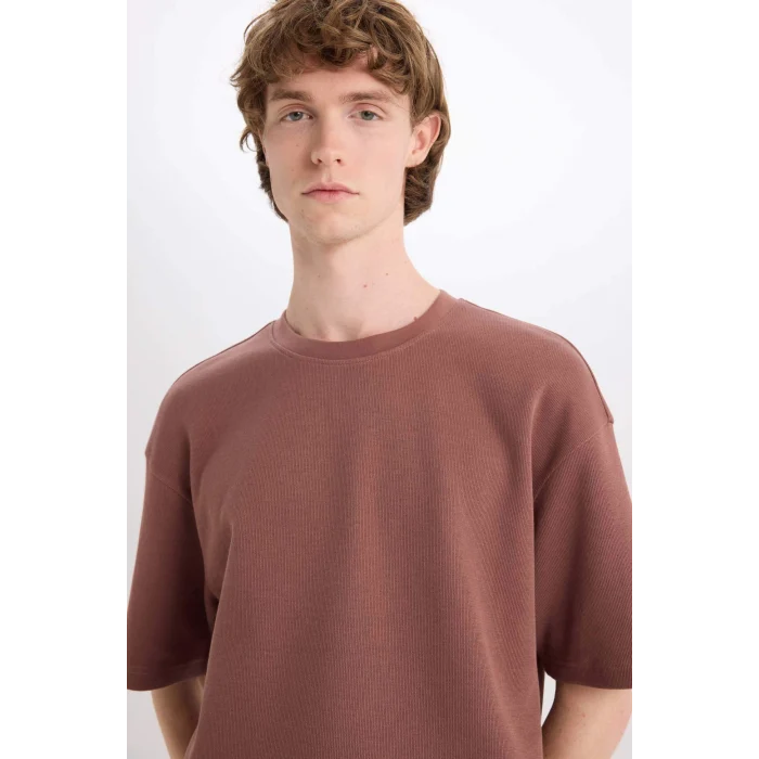 Defacto E0493 Kahve %100 Pamuk Boxy Fit Bisiklet Yaka Kısa Kollu Tişört