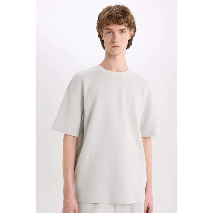 Defacto E0493 Gri %100 Pamuk Boxy Fit Bisiklet Yaka Kısa Kollu Tişört