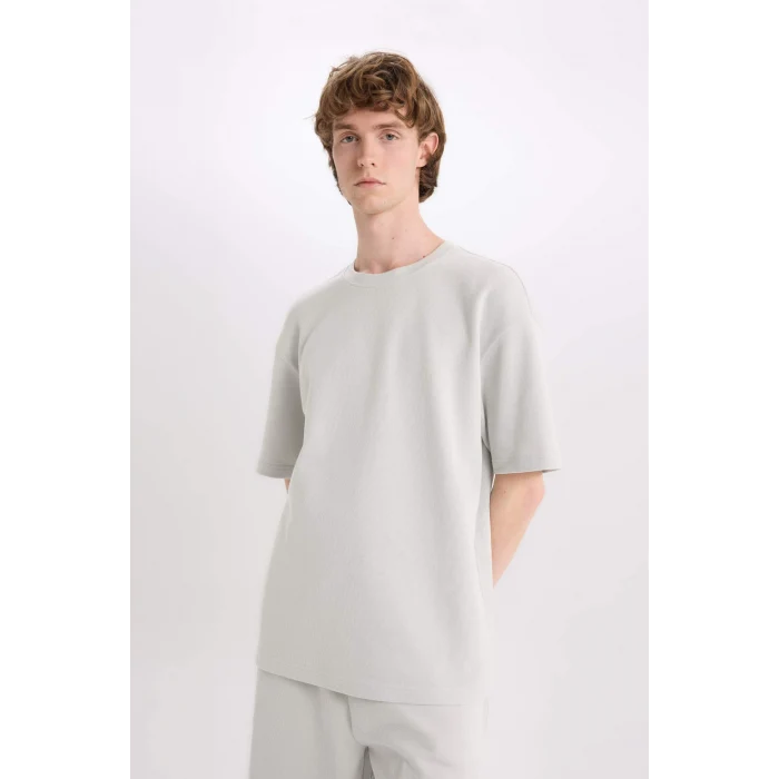 Defacto E0493 Gri %100 Pamuk Boxy Fit Bisiklet Yaka Kısa Kollu Tişört