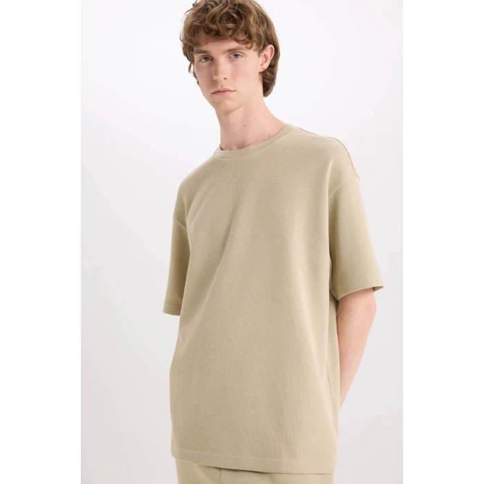 Defacto E0493 Haki %100 Pamuk Boxy Fit Bisiklet Yaka Kısa Kollu Tişört