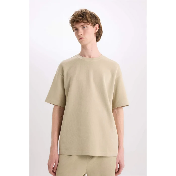 Defacto E0493 Haki %100 Pamuk Boxy Fit Bisiklet Yaka Kısa Kollu Tişört
