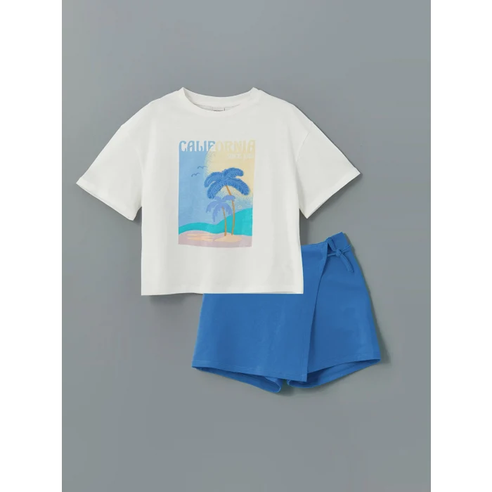 LCW Kids EKRU Bisiklet Yaka Kız Çocuk Tişört ve Şort Etek