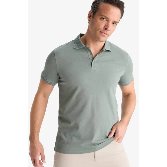 Defacto T5259 Yeşil Slim Fit Dar Kesim Kısa Kollu Dokulu Basic Düz Polo Tişört