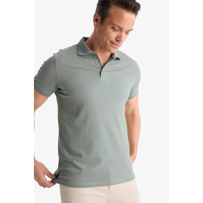 Defacto T5259 Yeşil Slim Fit Dar Kesim Kısa Kollu Dokulu Basic Düz Polo Tişört