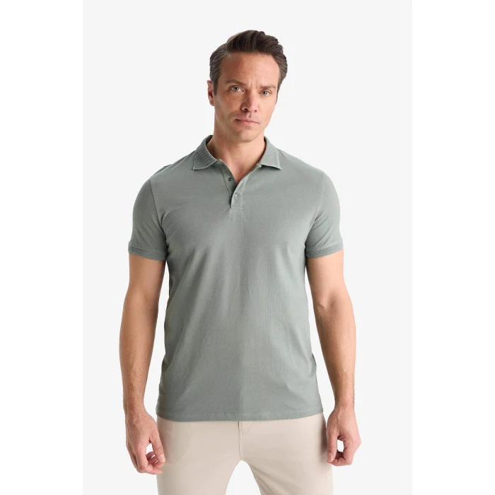 Defacto T5259 Yeşil Slim Fit Dar Kesim Kısa Kollu Dokulu Basic Düz Polo Tişört