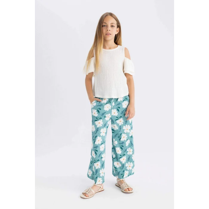 Defacto C5373 Yeşil Kız Çocuk Wide Leg Geniş Bol Paça Çiçekli Beli Lastikli Bürümcük Pantolon