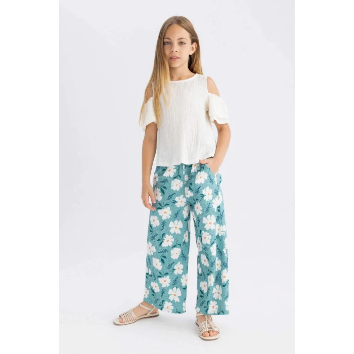 Defacto C5373 Yeşil Kız Çocuk Wide Leg Geniş Bol Paça Çiçekli Beli Lastikli Bürümcük Pantolon
