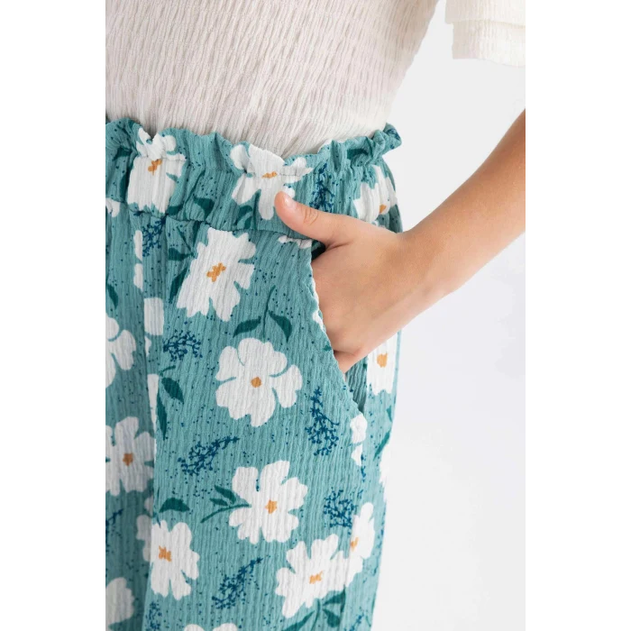 Defacto C5373 Yeşil Kız Çocuk Wide Leg Geniş Bol Paça Çiçekli Beli Lastikli Bürümcük Pantolon