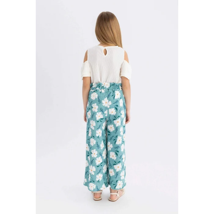 Defacto C5373 Yeşil Kız Çocuk Wide Leg Geniş Bol Paça Çiçekli Beli Lastikli Bürümcük Pantolon