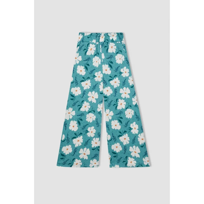Defacto C5373 Yeşil Kız Çocuk Wide Leg Geniş Bol Paça Çiçekli Beli Lastikli Bürümcük Pantolon