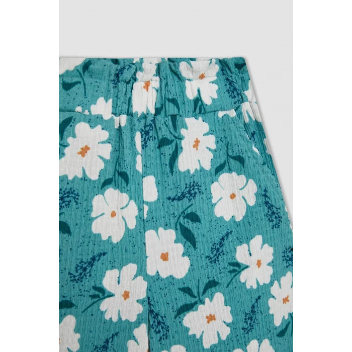 Defacto C5373 Yeşil Kız Çocuk Wide Leg Geniş Bol Paça Çiçekli Beli Lastikli Bürümcük Pantolon