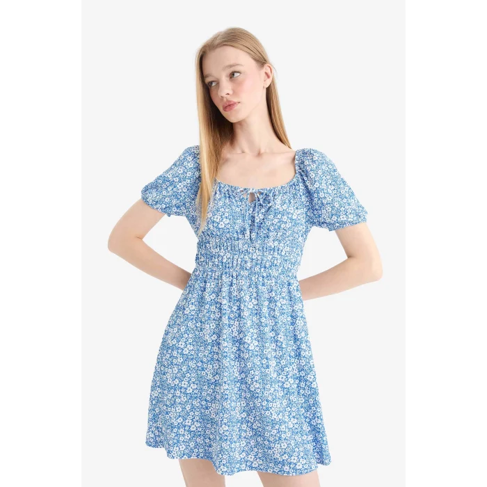 Defacto E0874 Mavi Coool Kare Yaka Çiçekli Bürümcük Kısa Kollu Mini Yazlık Elbise