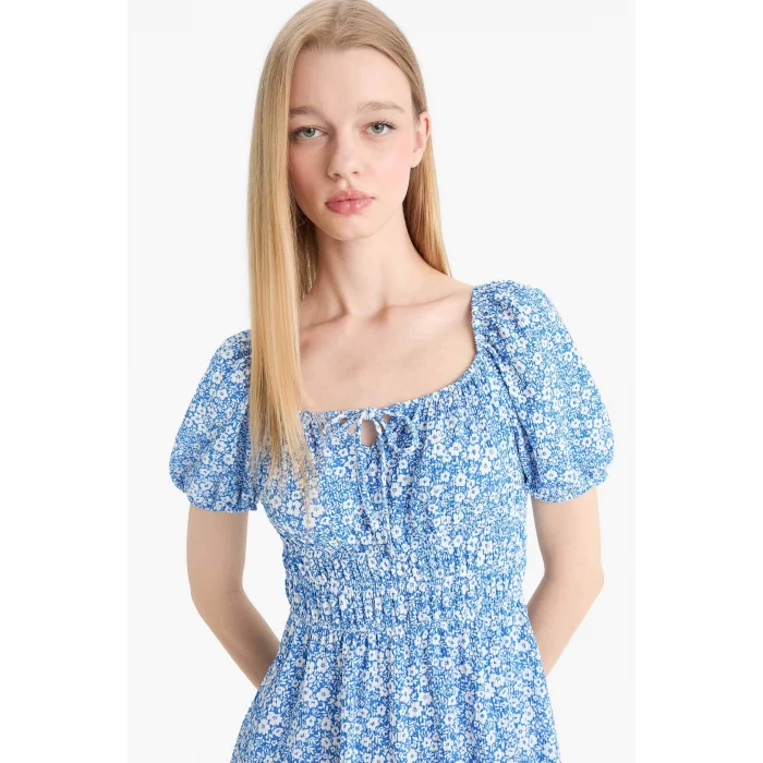 Defacto E0874 Mavi Coool Kare Yaka Çiçekli Bürümcük Kısa Kollu Mini Yazlık Elbise