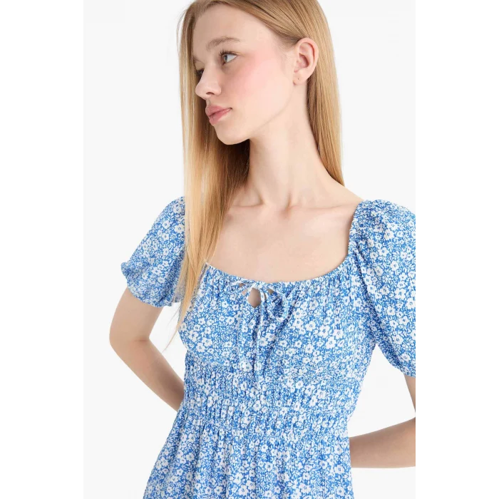 Defacto E0874 Mavi Coool Kare Yaka Çiçekli Bürümcük Kısa Kollu Mini Yazlık Elbise