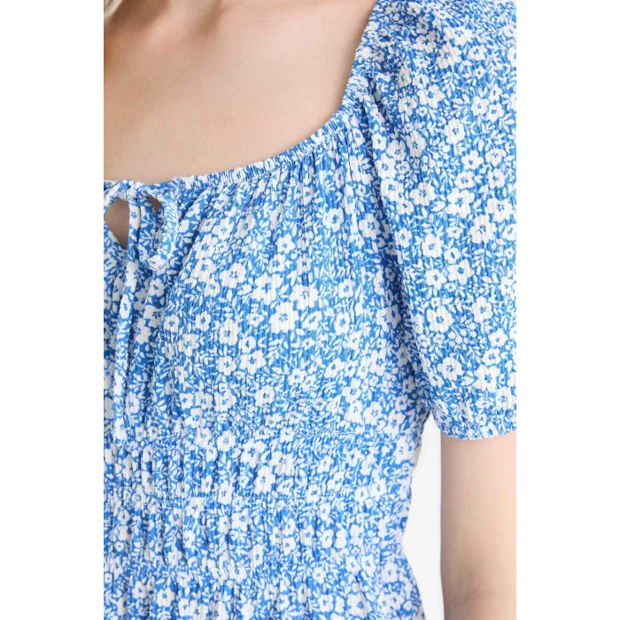 Defacto E0874 Mavi Coool Kare Yaka Çiçekli Bürümcük Kısa Kollu Mini Yazlık Elbise