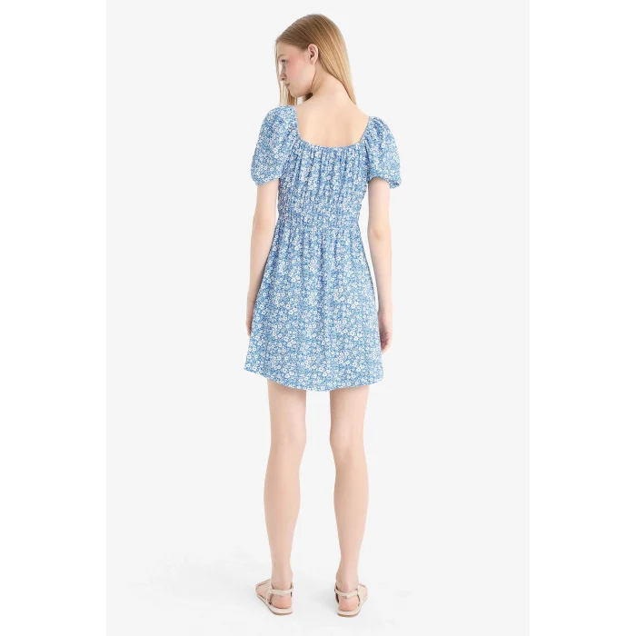 Defacto E0874 Mavi Coool Kare Yaka Çiçekli Bürümcük Kısa Kollu Mini Yazlık Elbise