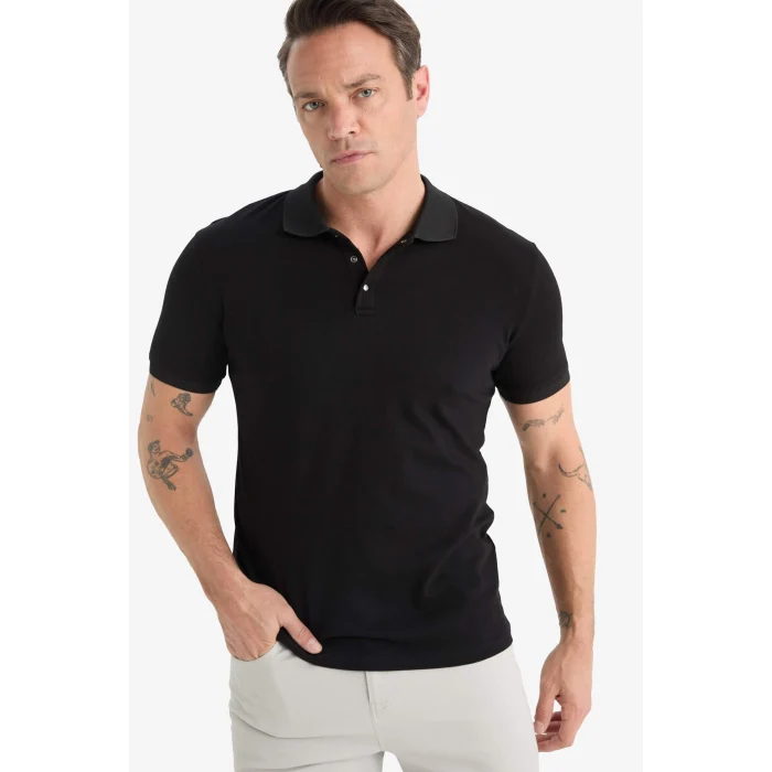 Defacto T5259 Siyah Slim Fit Dar Kesim Kısa Kollu Dokulu Basic Düz Siyah Polo Tişört