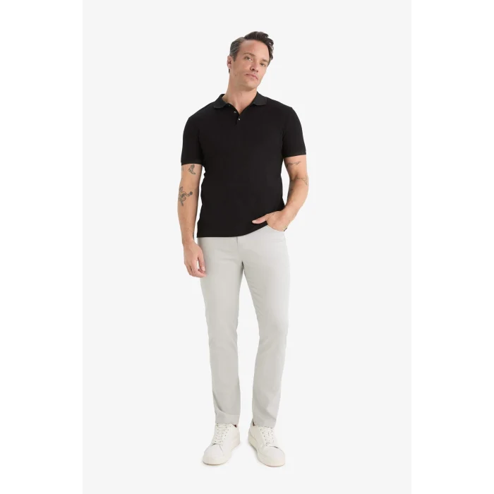 Defacto T5259 Siyah Slim Fit Dar Kesim Kısa Kollu Dokulu Basic Düz Siyah Polo Tişört