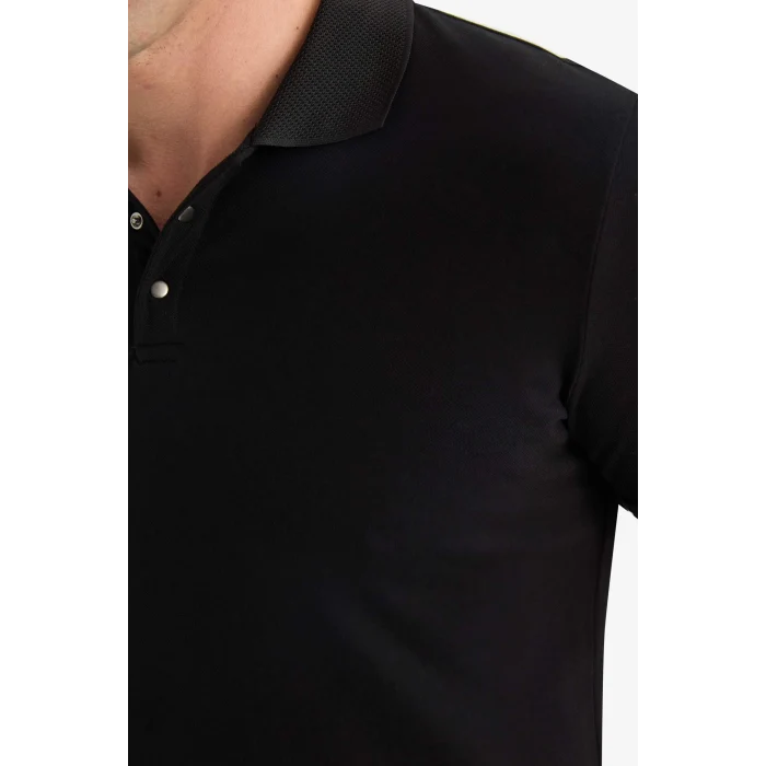 Defacto T5259 Siyah Slim Fit Dar Kesim Kısa Kollu Dokulu Basic Düz Siyah Polo Tişört