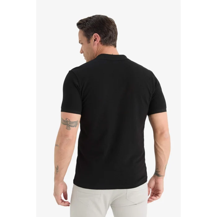 Defacto T5259 Siyah Slim Fit Dar Kesim Kısa Kollu Dokulu Basic Düz Siyah Polo Tişört