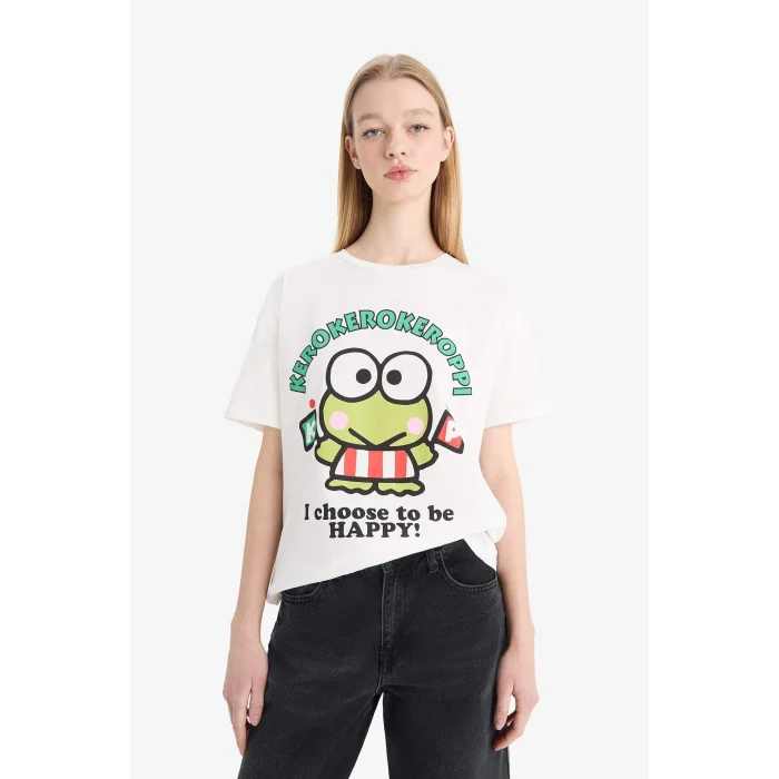 Defacto F1947 Beyaz Coool Hello Kitty Oversize Geniş Kalıp Sırt Baskılı Kısa Kollu Tişört