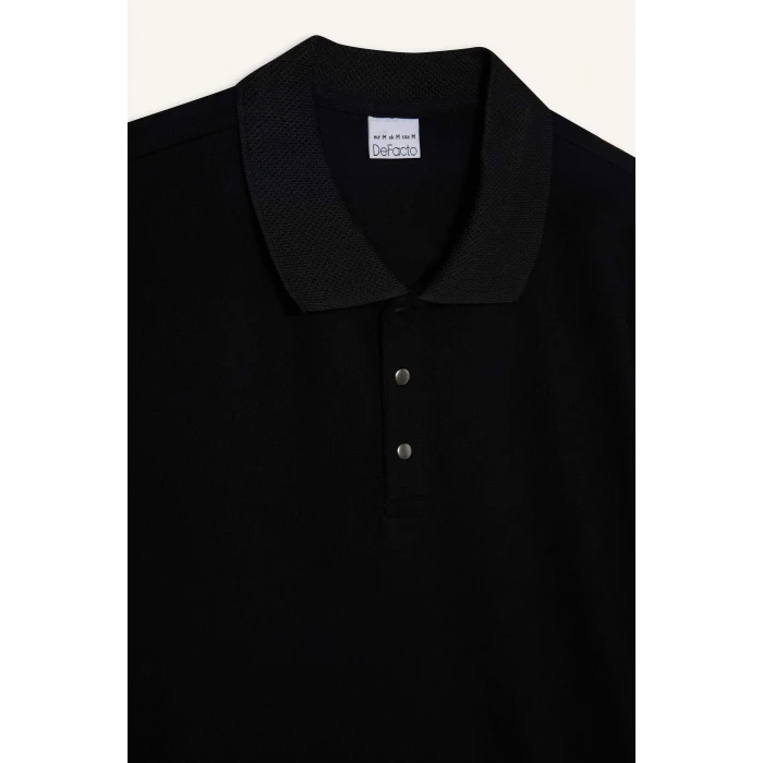 Defacto T5259 Siyah Slim Fit Dar Kesim Kısa Kollu Dokulu Basic Düz Siyah Polo Tişört