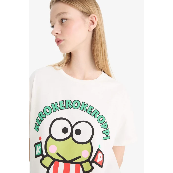 Defacto F1947 Beyaz Coool Hello Kitty Oversize Geniş Kalıp Sırt Baskılı Kısa Kollu Tişört