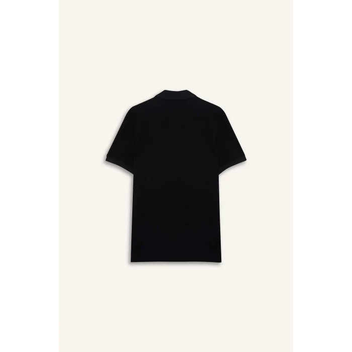 Defacto T5259 Siyah Slim Fit Dar Kesim Kısa Kollu Dokulu Basic Düz Siyah Polo Tişört