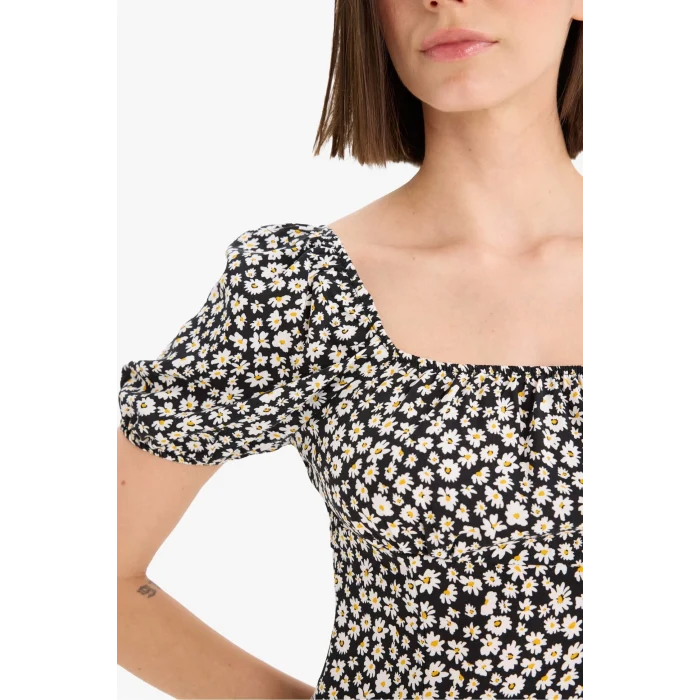 Defacto E0873 Siyah Coool Kare Yaka Çiçek Desenli Viskon Kısa Kollu Mini Elbise