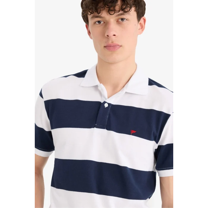 Defacto D7934 Beyaz Regular Fit Çizgili Kısa Kollu Polo Tişört