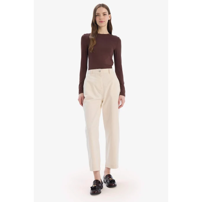 Defacto D0199 Kahve Fitted Bisiklet Yaka Basic Düz Uzun Kollu Tişört