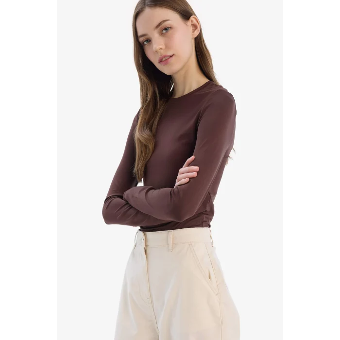 Defacto D0199 Kahve Fitted Bisiklet Yaka Basic Düz Uzun Kollu Tişört