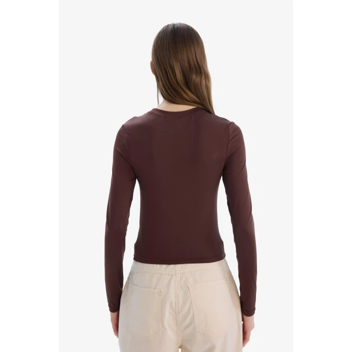 Defacto D0199 Kahve Fitted Bisiklet Yaka Basic Düz Uzun Kollu Tişört