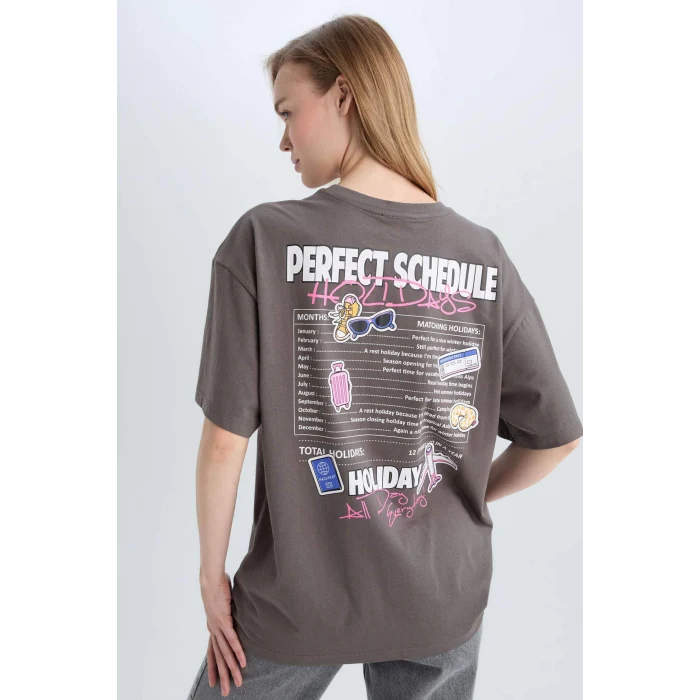 Defacto E0637 Gri Coool Oversize Geniş Kalıp Bisiklet Yaka Sırt Baskılı Kısa Kollu Tişört