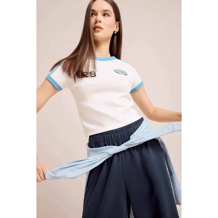 Defacto E0334 Beyaz Coool Fitted Baskılı Ribana Kısa Kollu Tişört