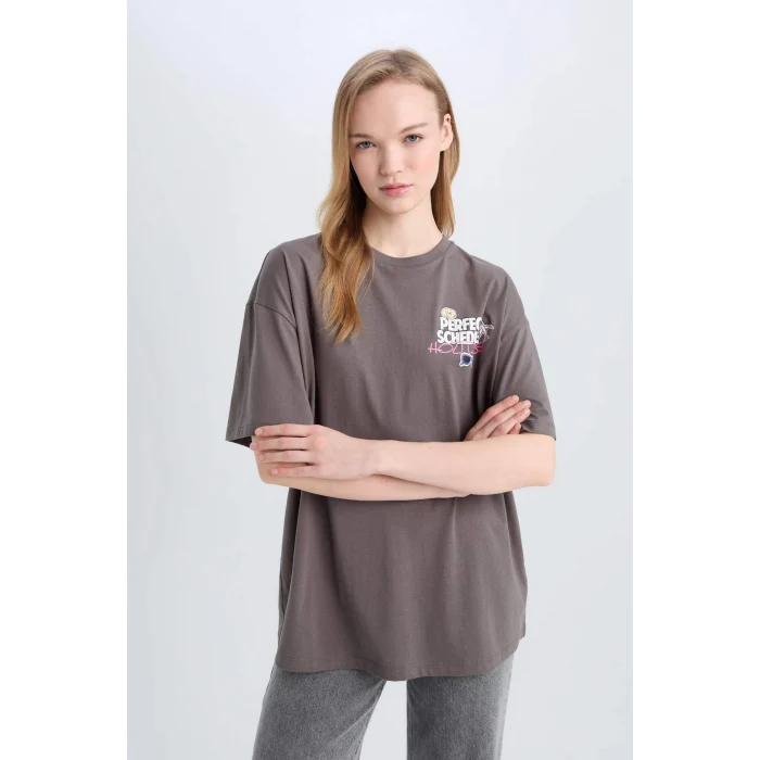 Defacto E0637 Gri Coool Oversize Geniş Kalıp Bisiklet Yaka Sırt Baskılı Kısa Kollu Tişört