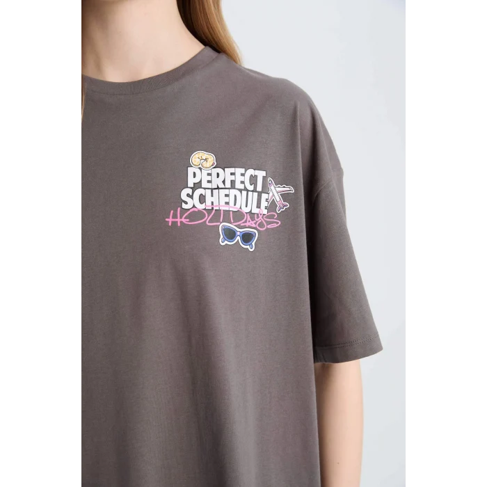 Defacto E0637 Gri Coool Oversize Geniş Kalıp Bisiklet Yaka Sırt Baskılı Kısa Kollu Tişört