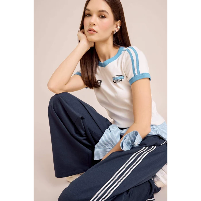 Defacto E0334 Beyaz Coool Fitted Baskılı Ribana Kısa Kollu Tişört