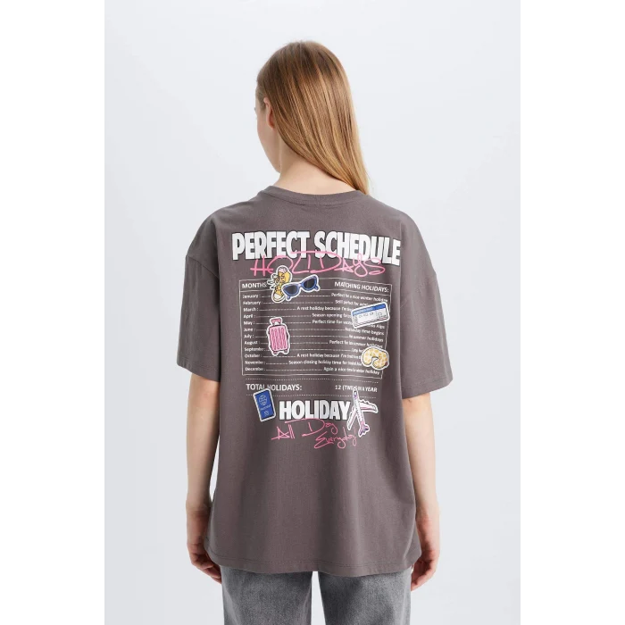 Defacto E0637 Gri Coool Oversize Geniş Kalıp Bisiklet Yaka Sırt Baskılı Kısa Kollu Tişört