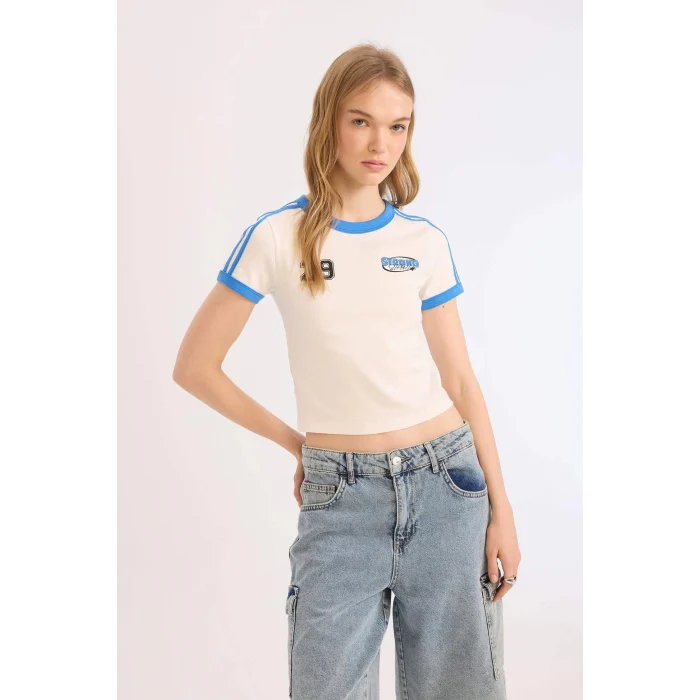 Defacto E0334 Beyaz Coool Fitted Baskılı Ribana Kısa Kollu Tişört