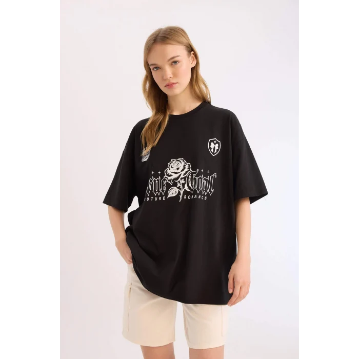 Defacto E4380 Siyah Coool Oversize Geniş Kalıp Bisiklet Yaka Kısa Kollu Tişört