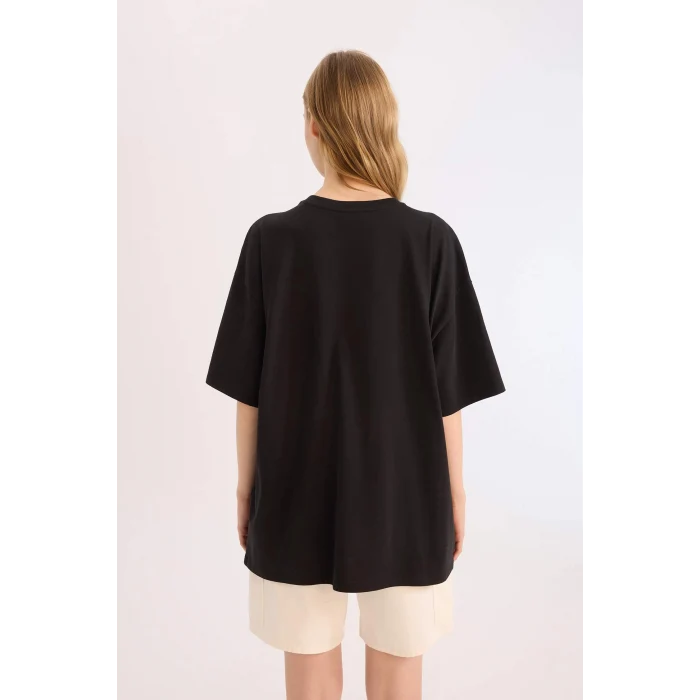 Defacto E4380 Siyah Coool Oversize Geniş Kalıp Bisiklet Yaka Kısa Kollu Tişört