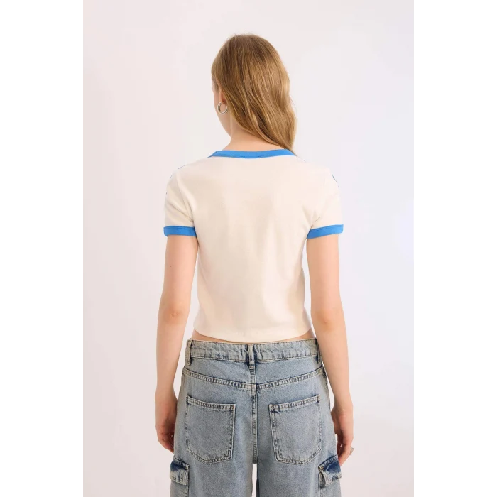 Defacto E0334 Beyaz Coool Fitted Baskılı Ribana Kısa Kollu Tişört