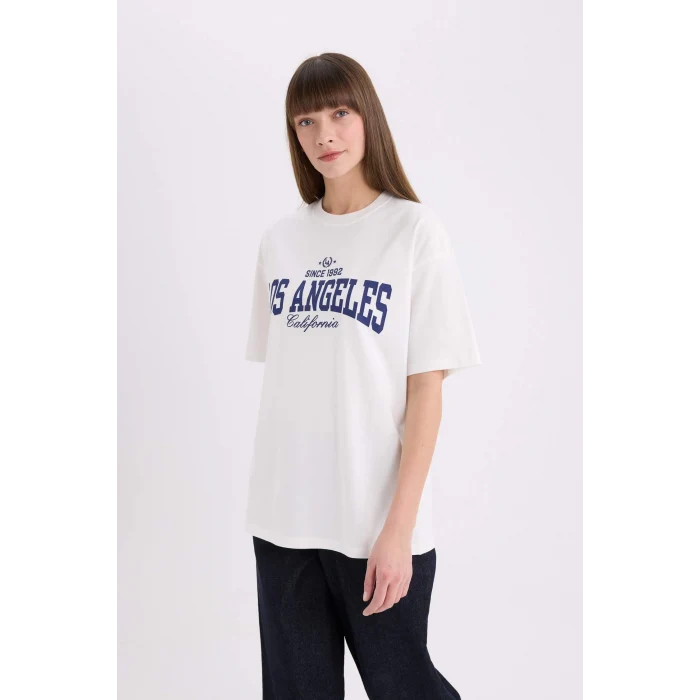 Defacto E5055 Ekru Oversize Geniş Kalıp Bisiklet Yaka Baskılı Kısa Kollu Tişört