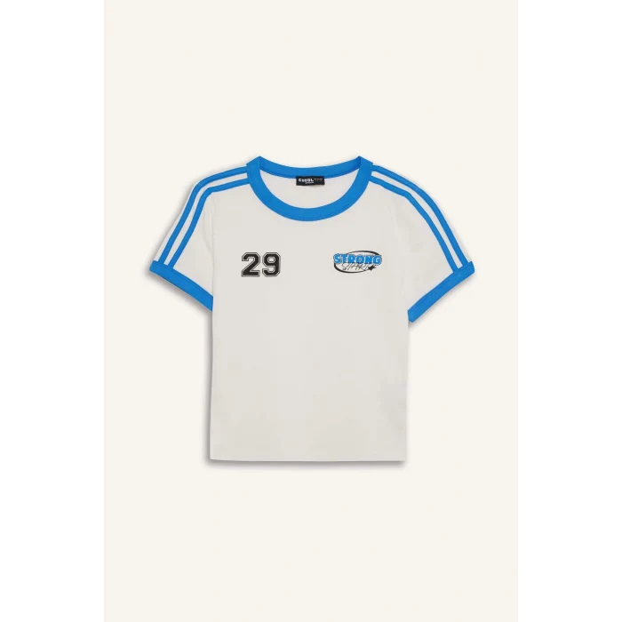 Defacto E0334 Beyaz Coool Fitted Baskılı Ribana Kısa Kollu Tişört