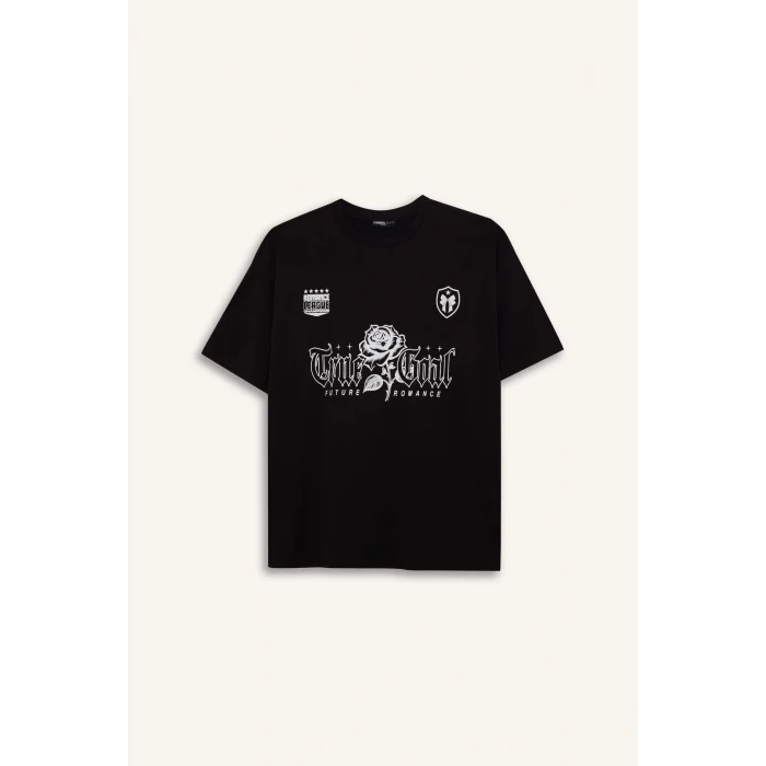 Defacto E4380 Siyah Coool Oversize Geniş Kalıp Bisiklet Yaka Kısa Kollu Tişört