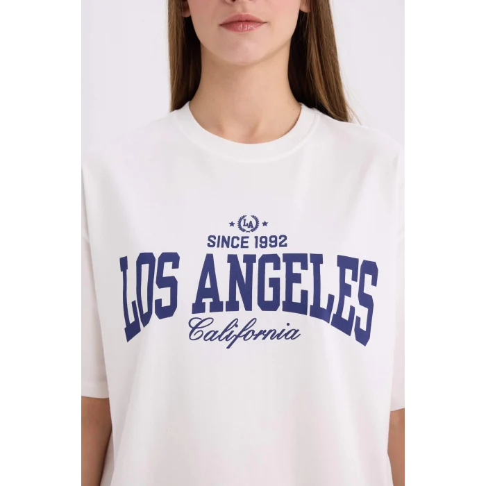 Defacto E5055 Ekru Oversize Geniş Kalıp Bisiklet Yaka Baskılı Kısa Kollu Tişört