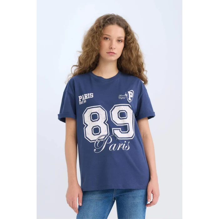 Defacto D9611 İndigo Oversize Geniş Kalıp Bisiklet Yaka Baskılı Kısa Kollu Tişört