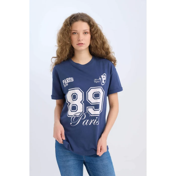 Defacto D9611 İndigo Oversize Geniş Kalıp Bisiklet Yaka Baskılı Kısa Kollu Tişört