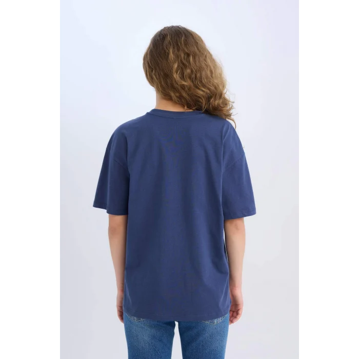 Defacto D9611 İndigo Oversize Geniş Kalıp Bisiklet Yaka Baskılı Kısa Kollu Tişört